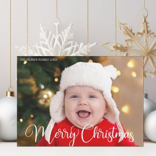 Merry Christmas Photo White Script Magnet Card