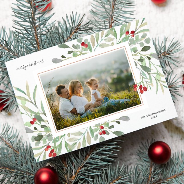 Merry Christmas Photo Winter Foliage Red Berries Holiday Card (Creator Uploaded)