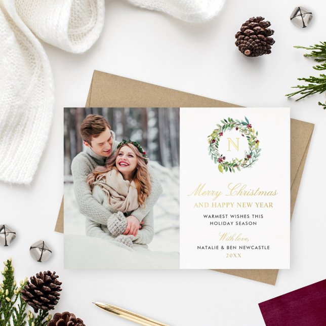 Merry Christmas Photo Winter Greenery Monogram Foil Holiday Card (Creator Uploaded)