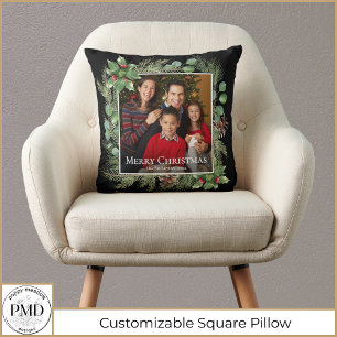 Merry Christmas Photo Wreath Botanical Cushion