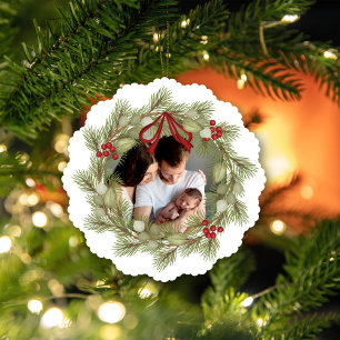 Merry Christmas Photo Wreath Holly Berries Tree Decoration Card