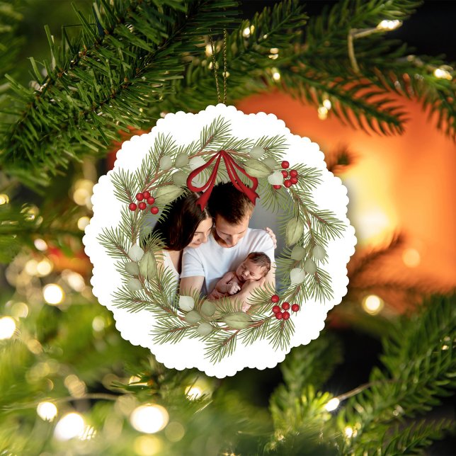 Merry Christmas Photo Wreath Holly Berries Tree Decoration Card (Merry Christmas photo ornament greeting cards. )