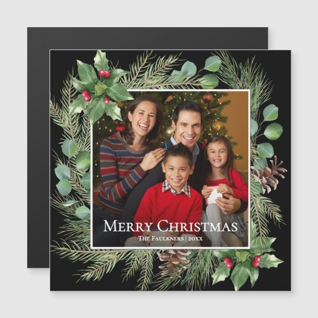 Merry Christmas Photo Wreath Magnetic Card (Front/Back)