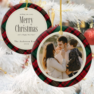 Merry Christmas Photos Elegant Green Red Plaid Ceramic Ornament