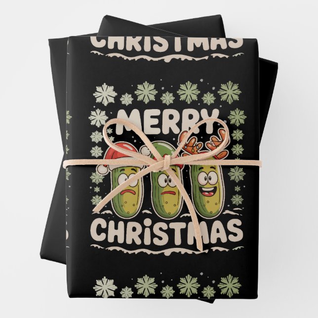 Merry Christmas Pickle Lover Xmas Lights Ugly Wrapping Paper Sheet (In situ)