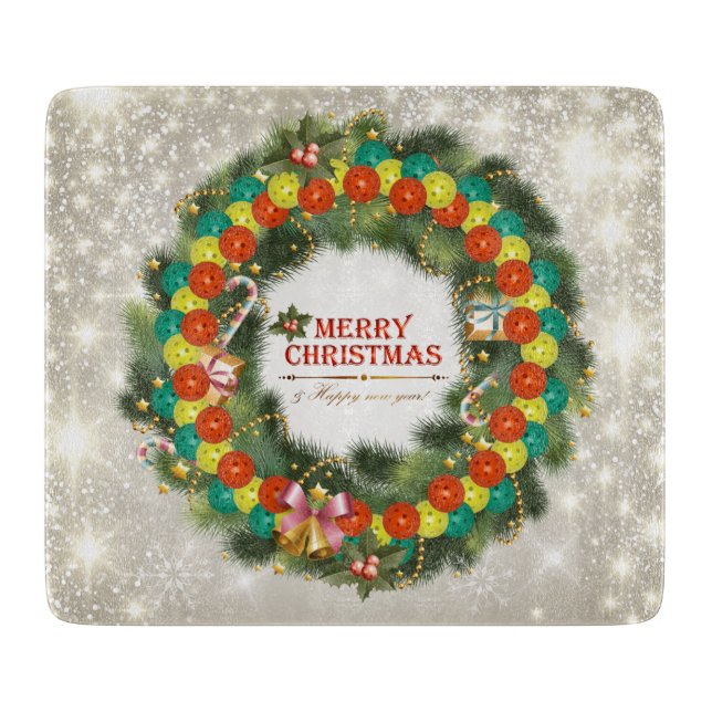 Merry Christmas Pickleball 1 Glass Cutting Boards (Front)