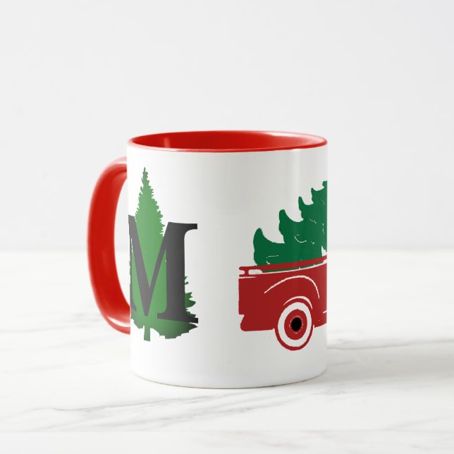 Merry Christmas pickup and tree monogram Mug (Front Left)