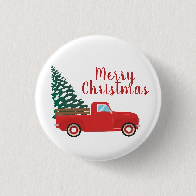 Merry Christmas Pickup Truck With Tree Red 3 Cm Round Badge (Front)
