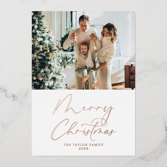 Merry Christmas Picture Blush Foil Christmas Card (Front)