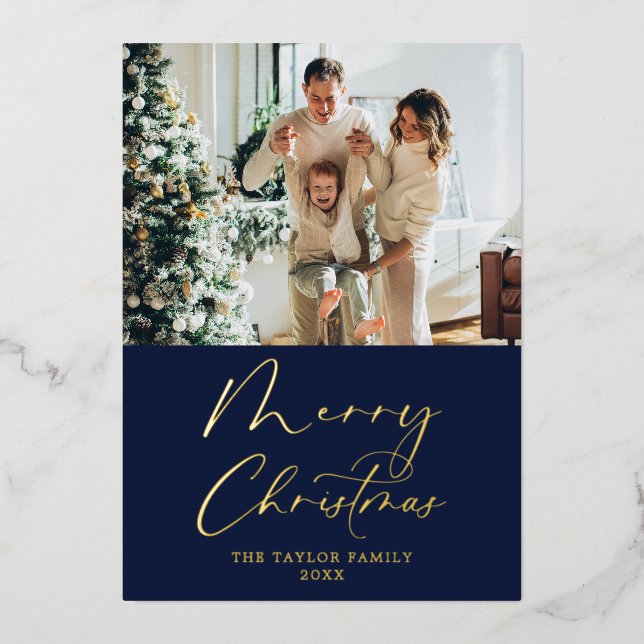 Merry Christmas Picture Navy Blue with Gold Foil Holiday Card (Front)