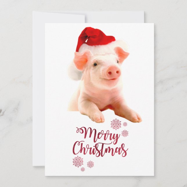 Merry Christmas Pig With Santa Hat Holiday Card (Front)