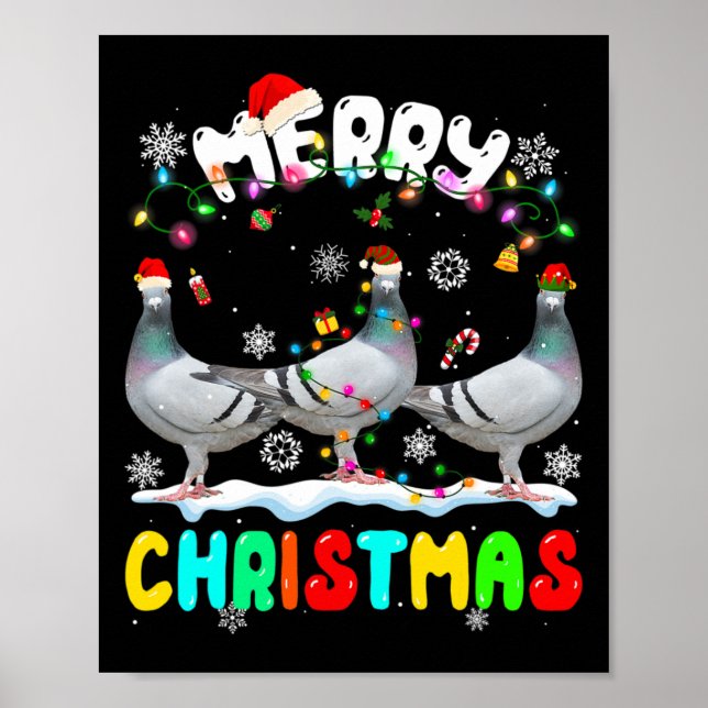 Merry Christmas Pigeon Lover Santa Hat Xmas Lights Poster (Front)