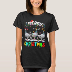 Merry Christmas Pigeon Lover Santa Hat Xmas Lights T-Shirt