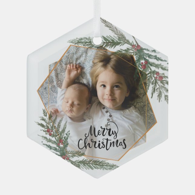 Merry Christmas pine and berries photo Glass Tree Decoration (Front)