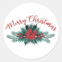 Merry Christmas Pine Bough Holly Berry Poinsettia
