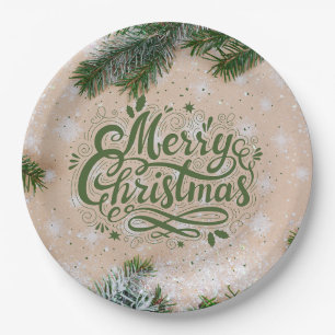Merry Christmas Pine Branches and Snowflakes Paper Plate