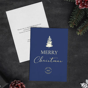 Merry Christmas pine Company Logo Blue Gold  Foil Holiday Card