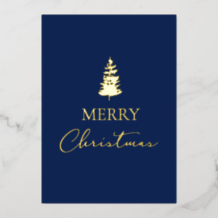 Merry Christmas pine Company name Blue Gold  Foil Holiday Card