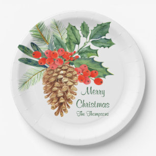 Merry Christmas Pine Holly Watercolor Floral Name Paper Plate