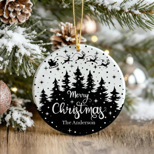 Merry Christmas Pine Santa Claus Reindeer Sleigh Ceramic Ornament