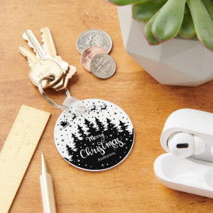 Merry Christmas Pine Santa Claus Reindeer Sleigh Key Ring