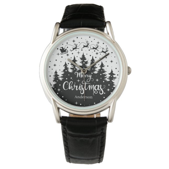 Merry Christmas Pine Santa Claus Reindeer Sleigh Watch (Front)