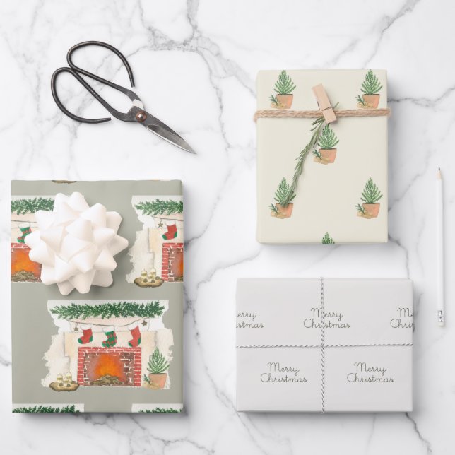 Merry Christmas Pine Tree and Cosy Fireplace Wrapping Paper Sheet (Front)