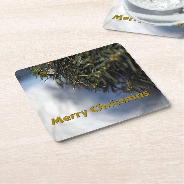 Merry Christmas Pine Tree and Snow Square Paper Coaster (Angled)
