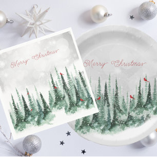 Merry Christmas Pine Tree Forest Cardinal Birds   Paper Plate