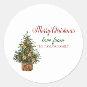 Merry Christmas,Pine Tree Orange Classic Round Sticker