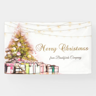 Merry Christmas,Pine Tree Presents, String Lights  Banner