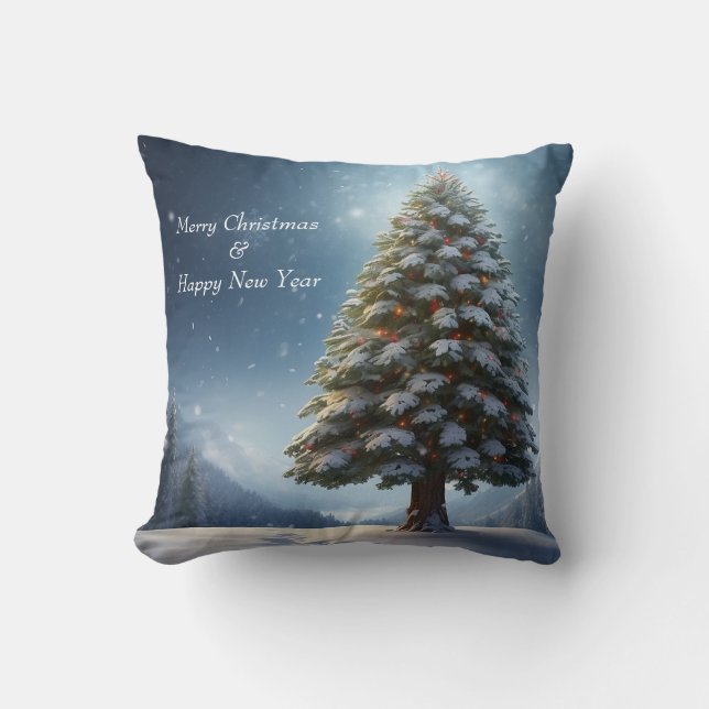 Merry Christmas Pine Tree Snowflake Winter Holiday Cushion (Front)