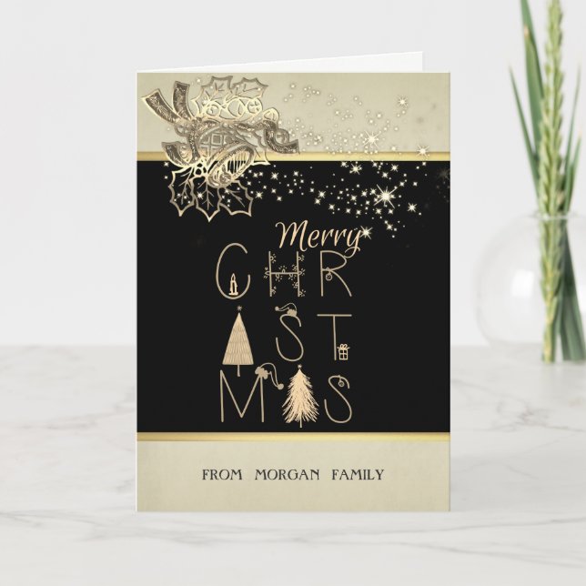 Merry Christmas,Pine Tree,Stars,Bell Holiday Card (Front)