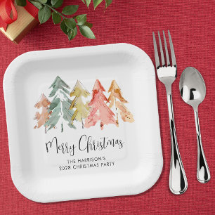 Merry Christmas Pine Trees Holiday Party Paper Plate