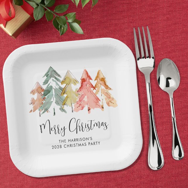 Merry Christmas Pine Trees Holiday Party Paper Plate (Creator Uploaded)