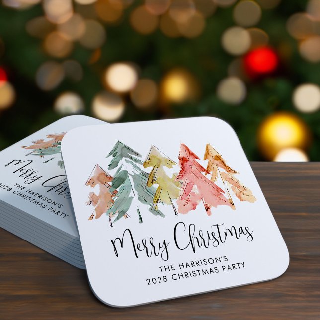 Merry Christmas Pine Trees Holiday Party Square Paper Coaster (Creator Uploaded)