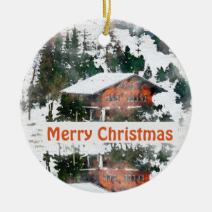 Merry Christmas Pine Trees Scenic Barn Winter Ceramic Ornament
