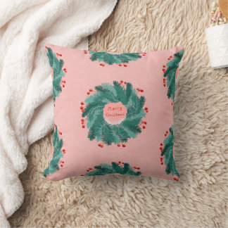 Merry Christmas Pine Wreath Coral Pine Red Berry Cushion