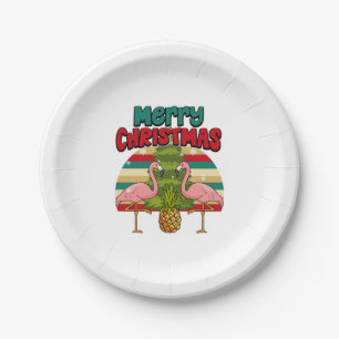 Merry Christmas Pineapple Xmas Tree And Flamingos Paper Plate