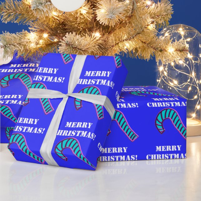 Merry Christmas Pink and Blue Candy Cane Wrapping Paper (Holidays)
