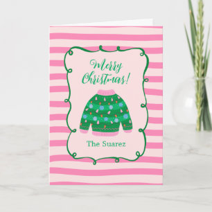 Merry Christmas pink and green ugly sweater card