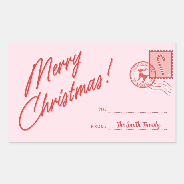 Merry Christmas Pink and Red Retro Customisable  Rectangular Sticker (Front)
