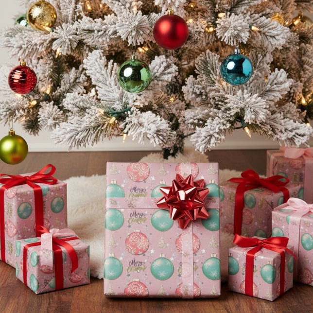 Merry Christmas Pink And Teal Ornaments Pattern Wrapping Paper (Creator Uploaded)