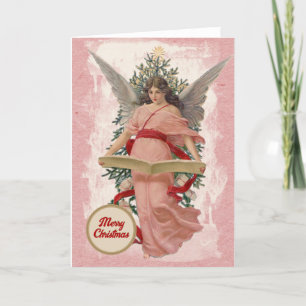 Merry Christmas Pink Angel Tree Book Religious Holiday Card