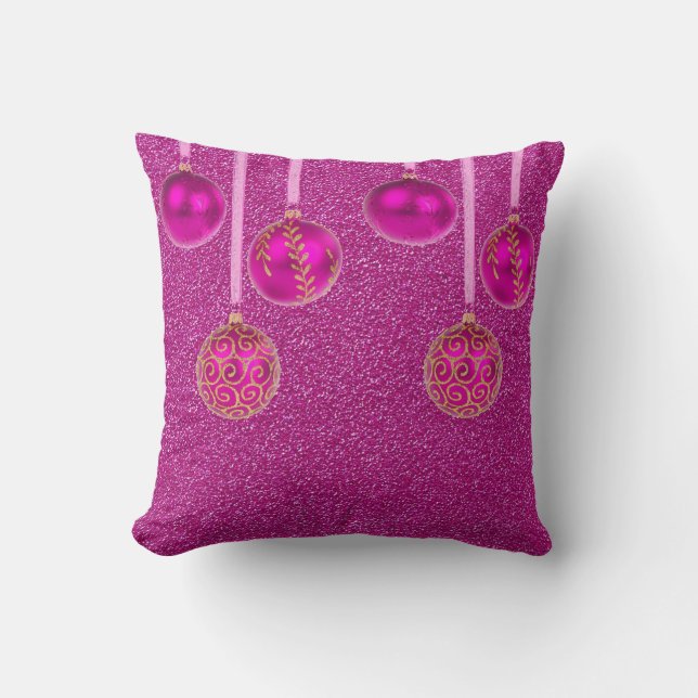 Merry Christmas Pink Baubles Glitter Gold Pillow (Front)