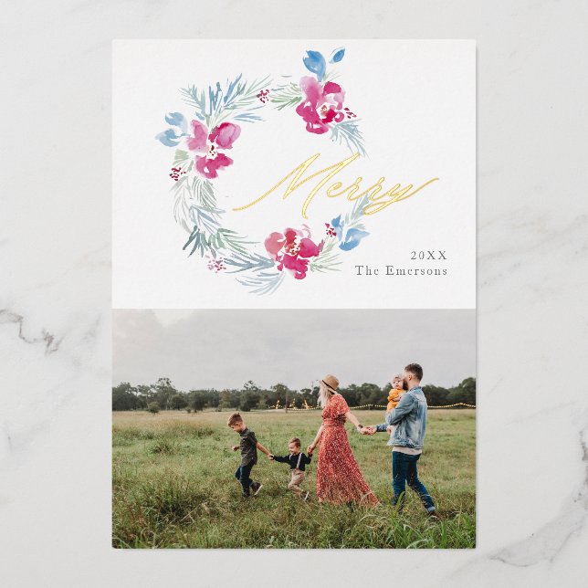 Merry Christmas Pink Blue Watercolor Flower Wreath Foil Holiday Card (Front)