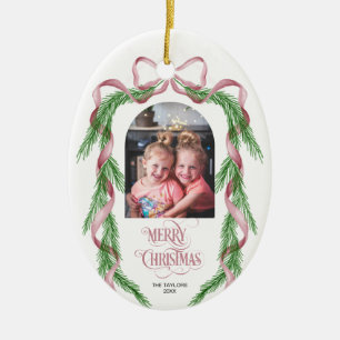 Merry Christmas Pink Bow Ribbon Pine Arch Photo Ceramic Ornament