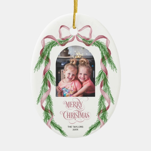 Merry Christmas Pink Bow Ribbon Pine Arch Photo Ceramic Ornament (Front)