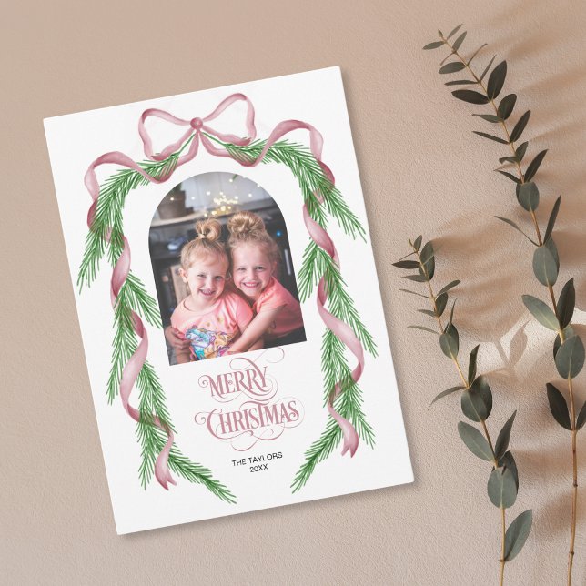 Merry Christmas Pink Bow Ribbon Pine Arch Photo Holiday Card (Creator Uploaded)