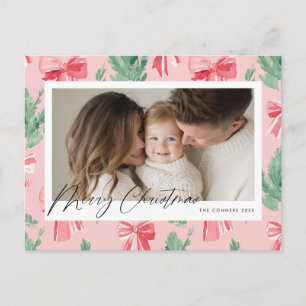 Merry Christmas pink bows and green sprig Holiday Postcard